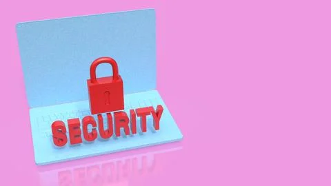 Laptop Cyber Security Concept with Red Lock and Text 3d render. Illustrazione stock