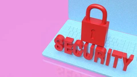 Laptop Cyber Security Concept with Red Lock and Text 3d render. Illustrazione stock