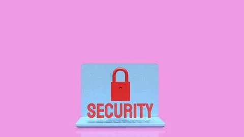 Laptop Cyber Security Concept with Red Lock and Text 3d render. Illustrazione stock