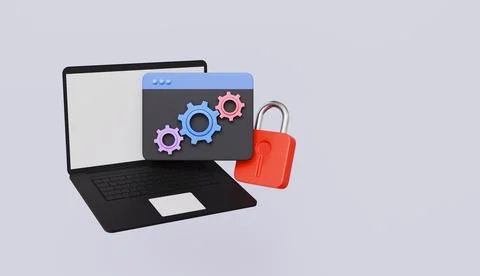 Laptop with cyber security data, Gear and padlock, Cybersecurity and web Stockillustratie