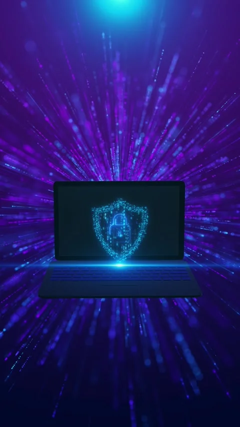 Laptop cyber security shield background glowing lock icon, purple speed rays, an Stock Footage 340548767