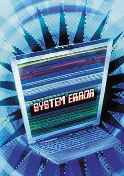 Laptop in cyberspace, "System Error" message on screen, digital composite. Stock Photos