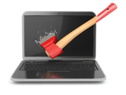 Laptop damaged by axe isolated on white background. concept of anger when wor Иллюстрация