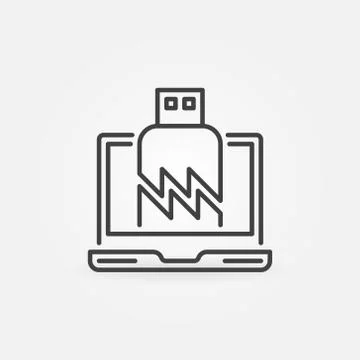 Laptop with Damaged USB memory stick vector thin line icon Stock Illustration