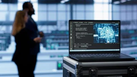 Laptop in data center facility with artificial intelligence simulation Stock Photos