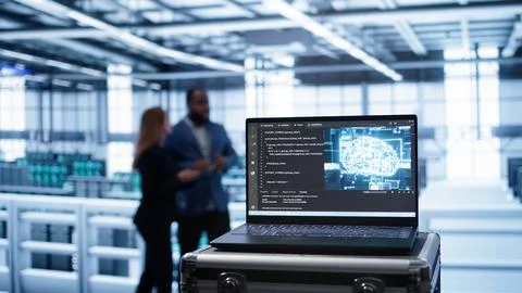 Laptop in data center facility with artificial intelligence simulation Stock Photos