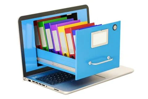 Laptop data storage. Notebook with folders in filing cabinet, 3D rendering Stock Illustration