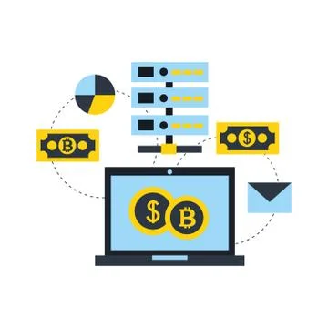 Laptop database bitcoin dollar chart email fintech Stock Illustration