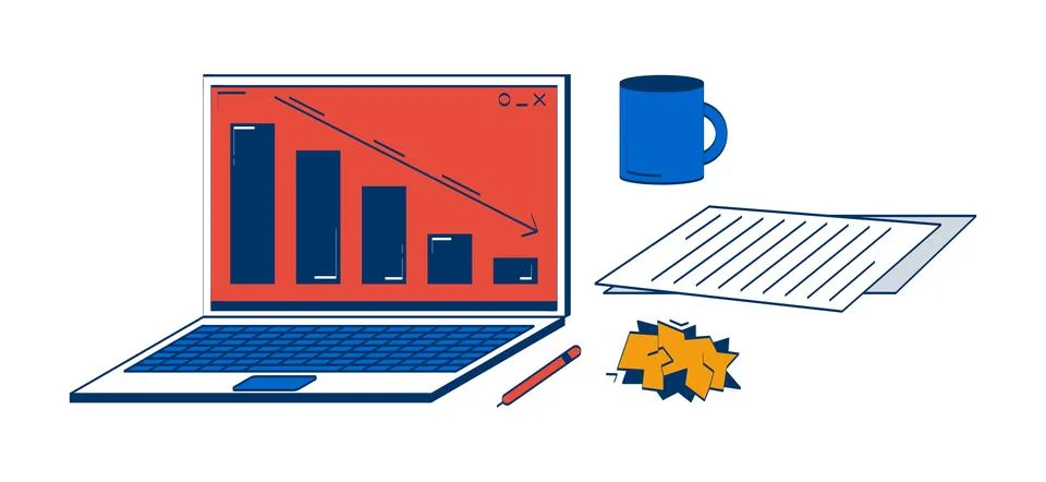 Laptop with declining graph and office supplies 2D doodle objects set Stock Illustration