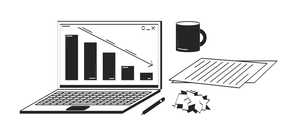 Laptop with declining graph and office supplies doodle linear objects set Stock Illustration