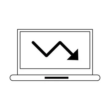 Laptop with decrease statistics arrow symbol in black and white 库存插图