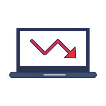 Laptop with decrease statistics arrow symbol blue lines Illustrazione stock