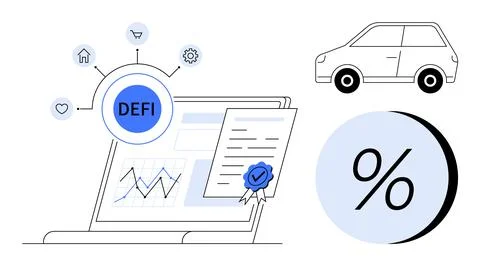 Laptop with DeFi elements, financial document, and car illustration symbolize Stock Illustration