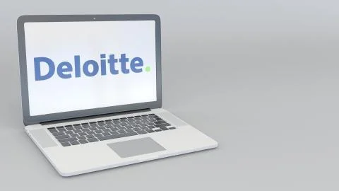 Laptop with Deloitte logo. Computer technology conceptual editorial 3D rendering Stock-Illustration