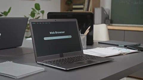 Laptop on Desk in Computer Class Interior Stock Footage 333708950