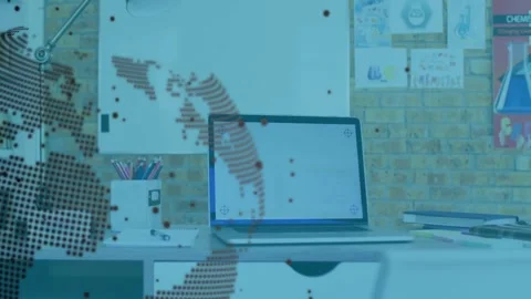 Laptop on desk with digital world map and coding animation overlay Stock Footage 330475972