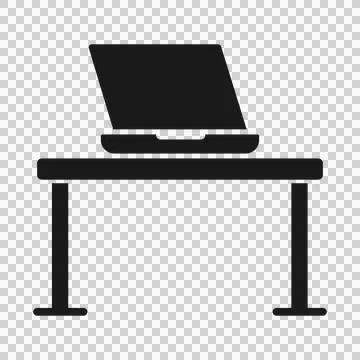 Laptop on desk icon, minimalist computer workstation symbol for business . Stock Illustration