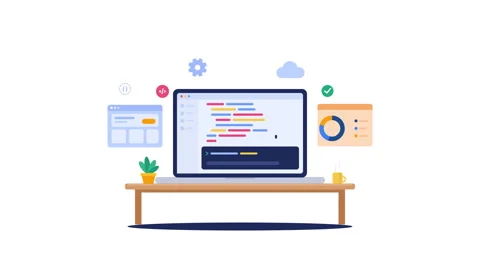 Laptop on desk showing code with floating software development icons Stock Footage 347665243