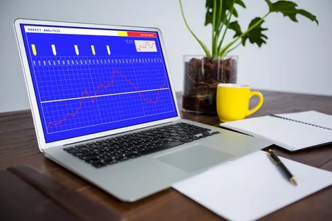 Laptop on desk with statistical data on screen Stock Illustration