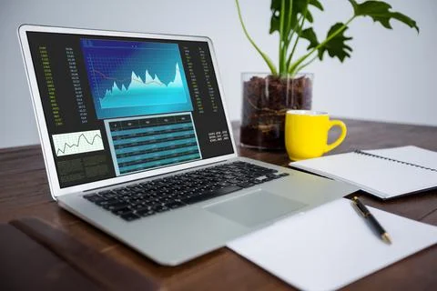 Laptop on desk with statistical data on screen Stock Illustration