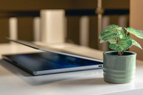 Laptop on the desktop on a blurred background. Stock Photos