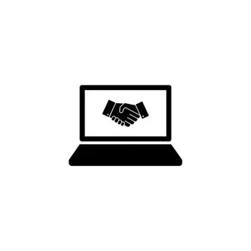 Laptop, desktop, computer icon with handshake, hands, partnership in black si Stock Illustration