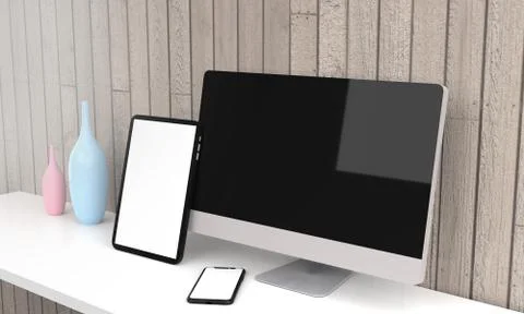 Laptop, desktop computer ,mobile and tablet 3d rendering mockup .3d illustrat Stock-Illustration