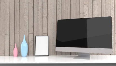 Laptop, desktop computer ,mobile and tablet 3d rendering mockup .3d illustrat Stock Illustration