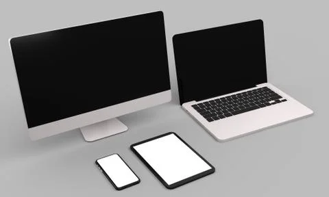 Laptop, desktop computer ,mobile and tablet 3d rendering mockup .3d illustrat Stock-Illustration