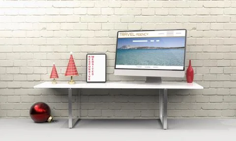 Laptop, desktop computer ,mobile and tablet 3d rendering travel agency websit Stock Illustration