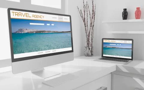 Laptop, desktop computer ,mobile and tablet 3d rendering travel agency websit Stock-Illustration
