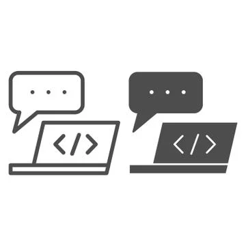 Laptop development line and glyph icon. Notebook and speech bubble vector Stock Illustration