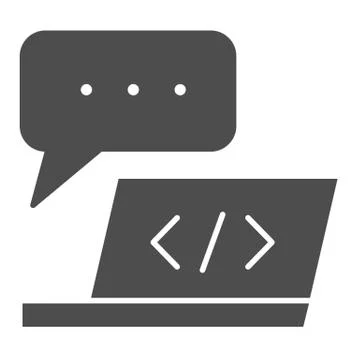 Laptop development solid icon. Notebook and speech bubble vector illustration Illustrazione stock