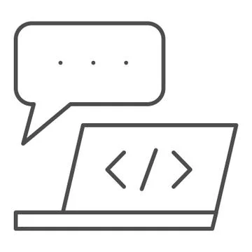 Laptop development thin line icon. Notebook and speech bubble vector Illustrazione stock
