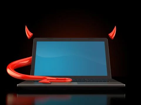 Laptop with devil horns and tail 스톡 일러스트