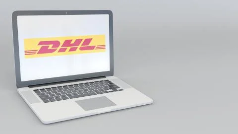 Laptop with DHL Express logo. Computer technology conceptual editorial 3D Stock Illustration