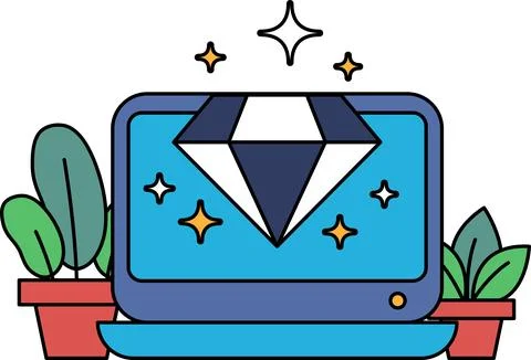 A laptop with a diamond on it is placed on a table next to a potted plant イラスト素材