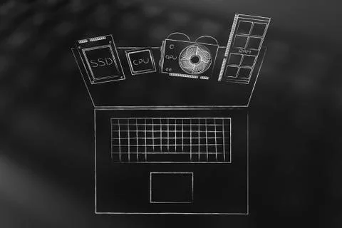 Laptop with different component popping out of the screen 库存插图