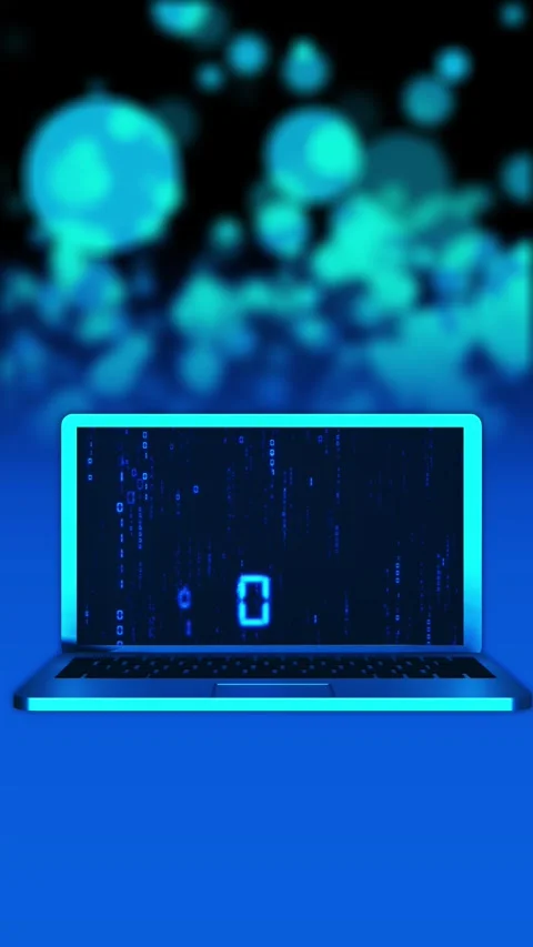 Laptop digital code screen blue binary rain, glowing cyan computer frame, blurre Stock Footage 340528232