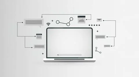 Laptop with digital data and analytics icons floating above Stock Illustration