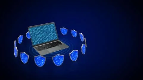 Laptop with Digital Security Shields and Binary Code for Cyber Protection Stock Illustration