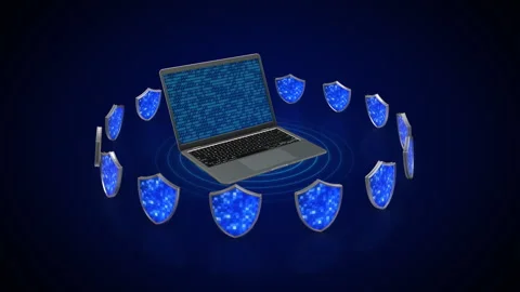 Laptop with Digital Shields and Binary Code for Cyber Security Stock Footage 324477556