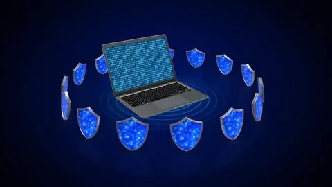 Laptop with Digital Shields and Binary Code for Cyber Security Stock Illustration