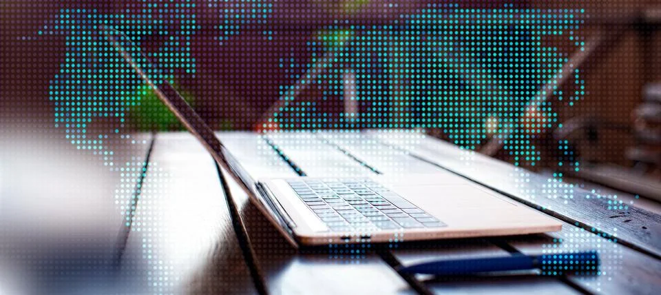 Laptop with digital world map on screen. Global business concept. Stock Photos