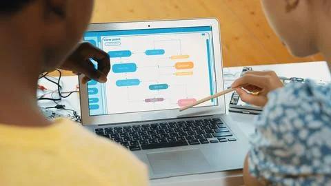 Laptop display coding system while student studying writing code. Edification. Stock Photos