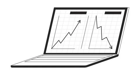 Laptop display line graphs with upward, downward trends bw 2D line object Illustrazione stock