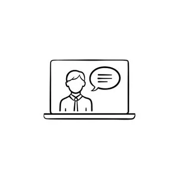 Laptop display with video chat hand drawn outline doodle icon. Stock Illustration