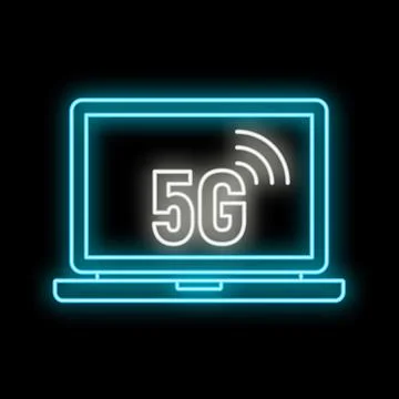 Laptop displaying 5g network connection neon glow Stock Illustration