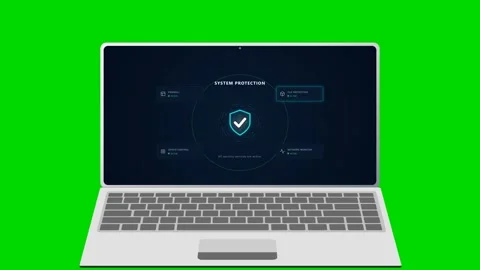 Laptop displaying active firewall protection over green screen. 4K Stock Footage 342114768