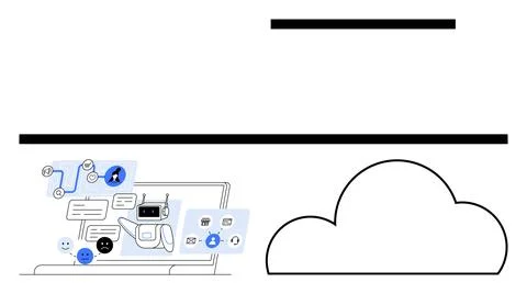 Laptop displaying AI-driven data management system, speech bubbles, icons, an 스톡 일러스트